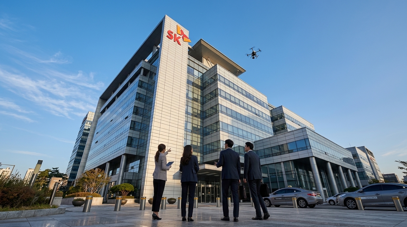 The SK Hynix logo displayed in front of the Nasdaq stock exchange building in New York City.