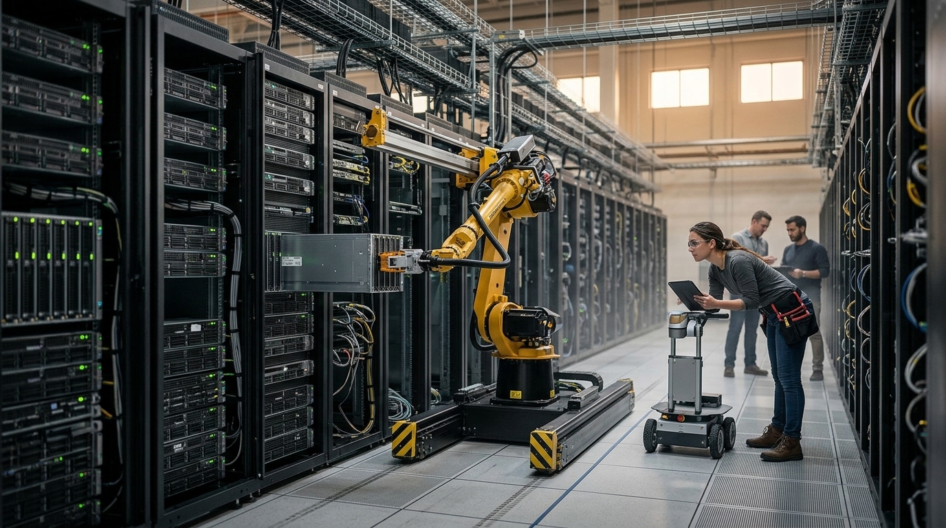 Meta robotics system performing server maintenance in a data center.