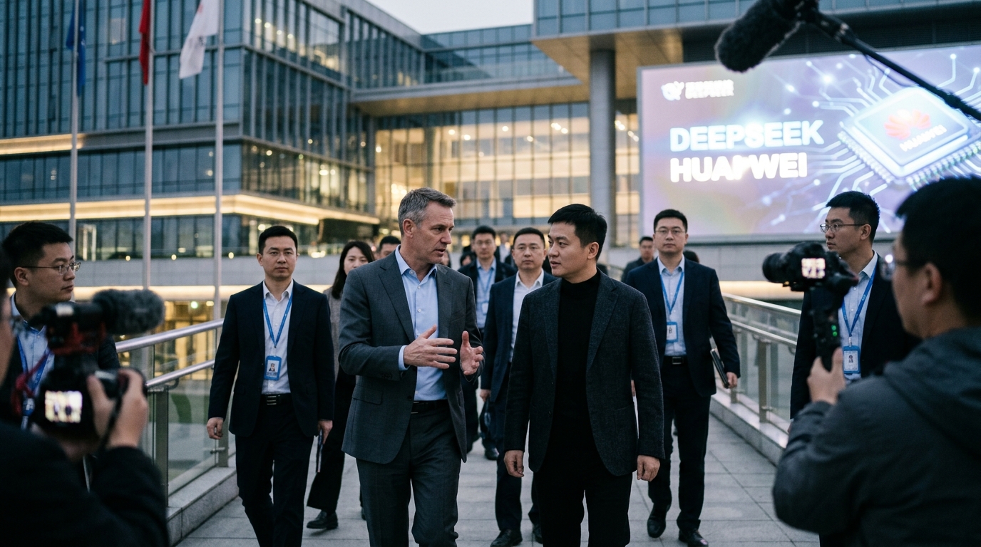 Το λογότυπο της DeepSeek δίπλα σε επεξεργαστή Huawei για το μοντέλο V4.
