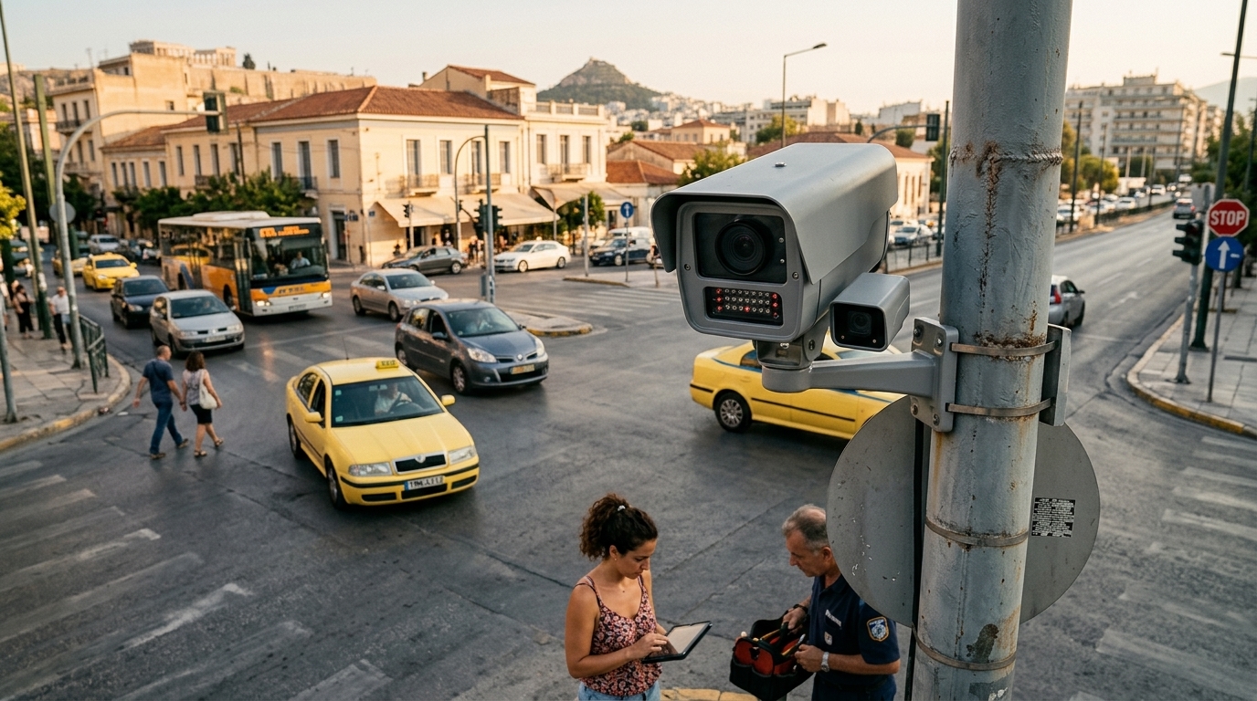 Έξυπνες κάμερες τροχαίας σε ελληνικό δρόμο για την ενίσχυση της οδικής ασφάλειας.