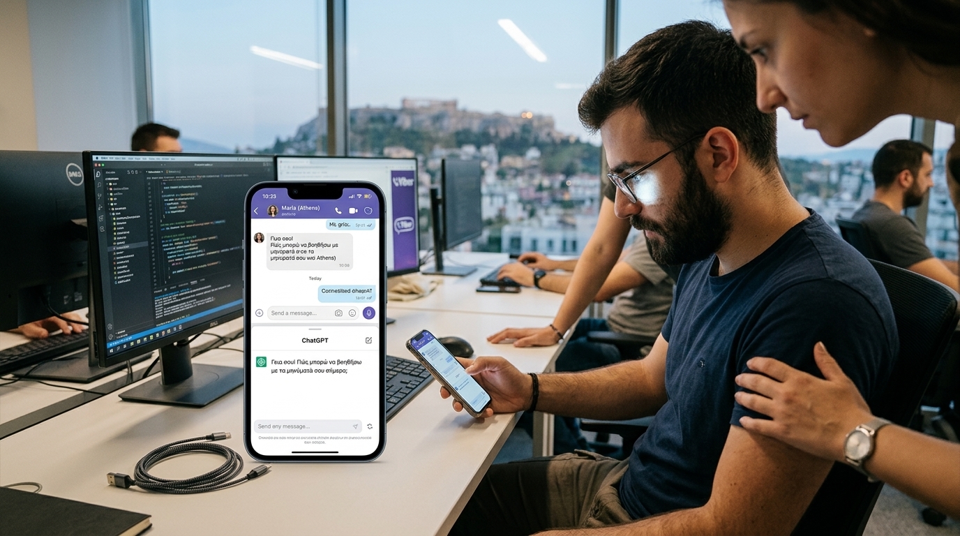 Το λογότυπο του Viber δίπλα στο εικονίδιο του ChatGPT της OpenAI για την ενσωμάτωση στην Ελλάδα.