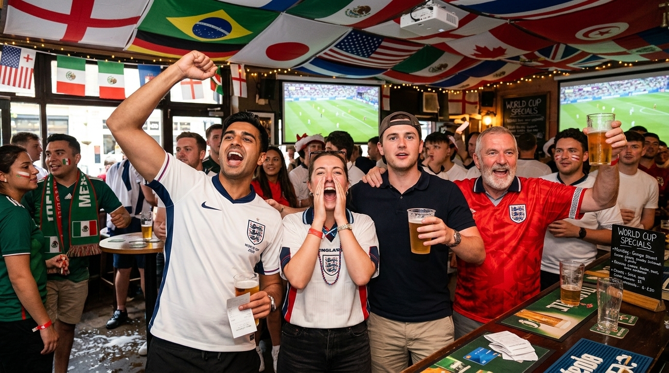 Fans celebrating World Cup 2026 in a British pub, symbolizing the UK retail and hospitality boost.