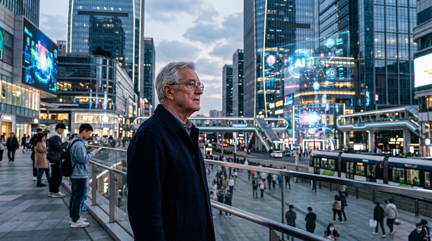 Baby Boomer professional working with artificial intelligence technology in an office environment.