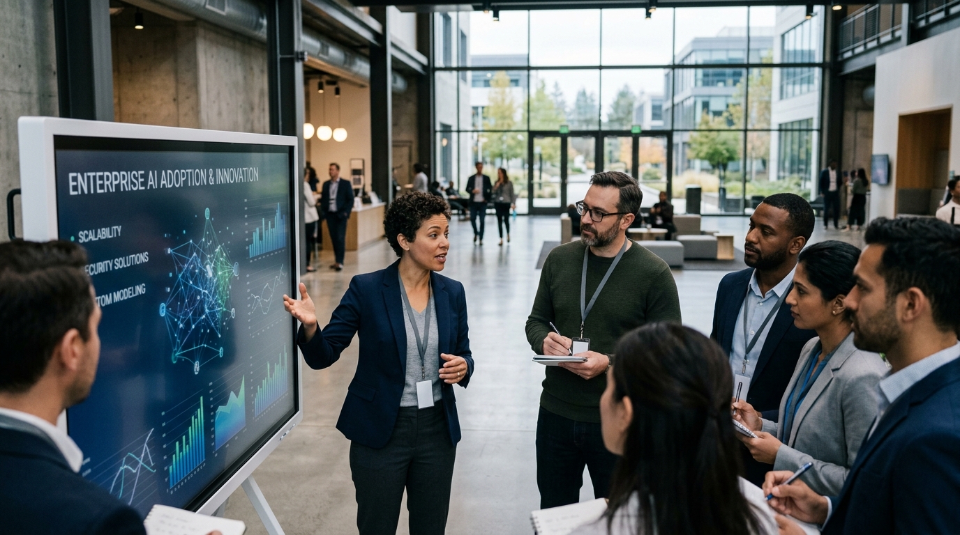 Business executives discussing OpenAI and artificial intelligence in a modern office setting.