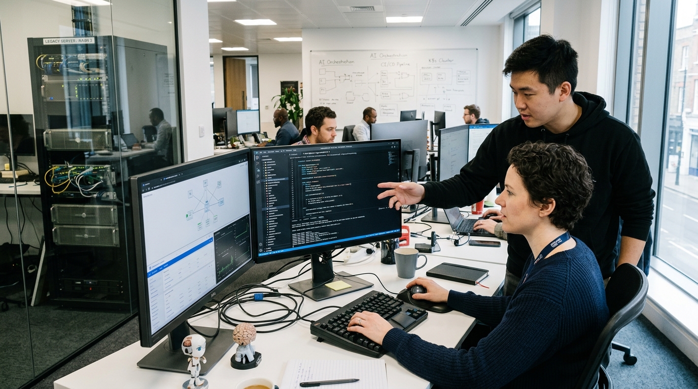 Modern IT infrastructure powered by artificial intelligence for digital transformation and legacy system updates.