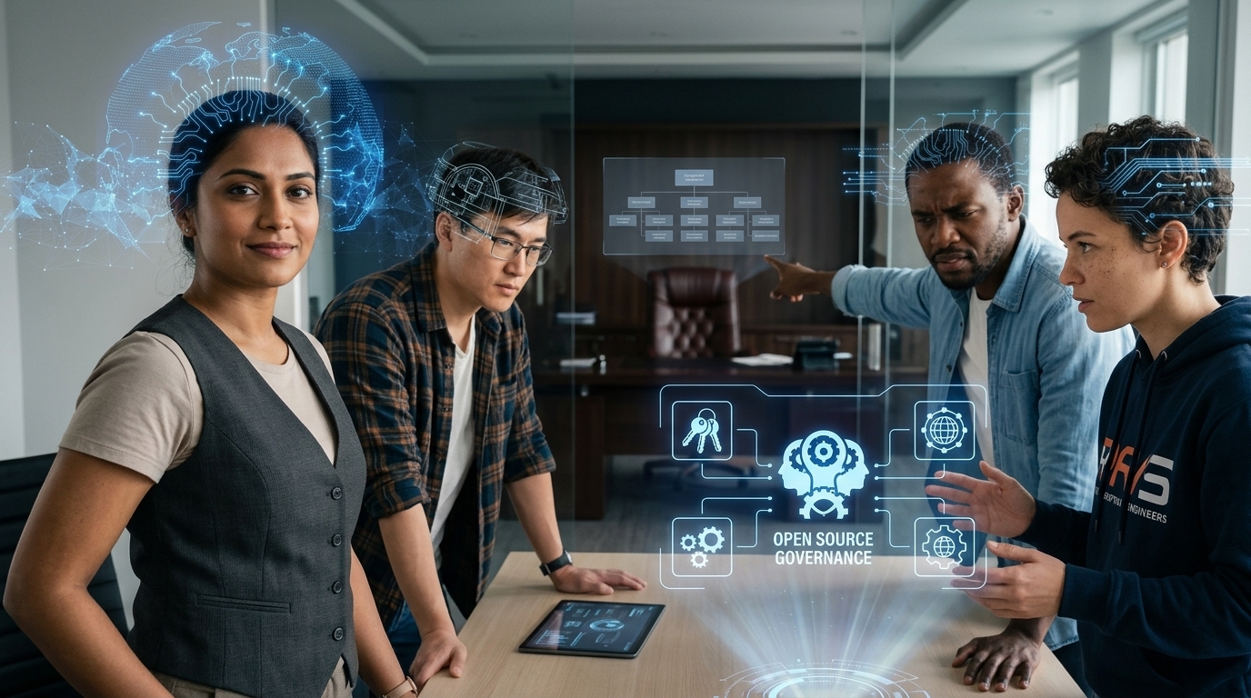 Digital illustration of OpenExecutive automating CEO tasks using multiple AI agents.