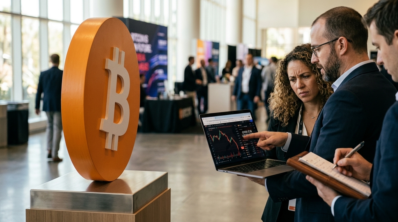 Bitcoin price chart and Micron AI semiconductor chips.