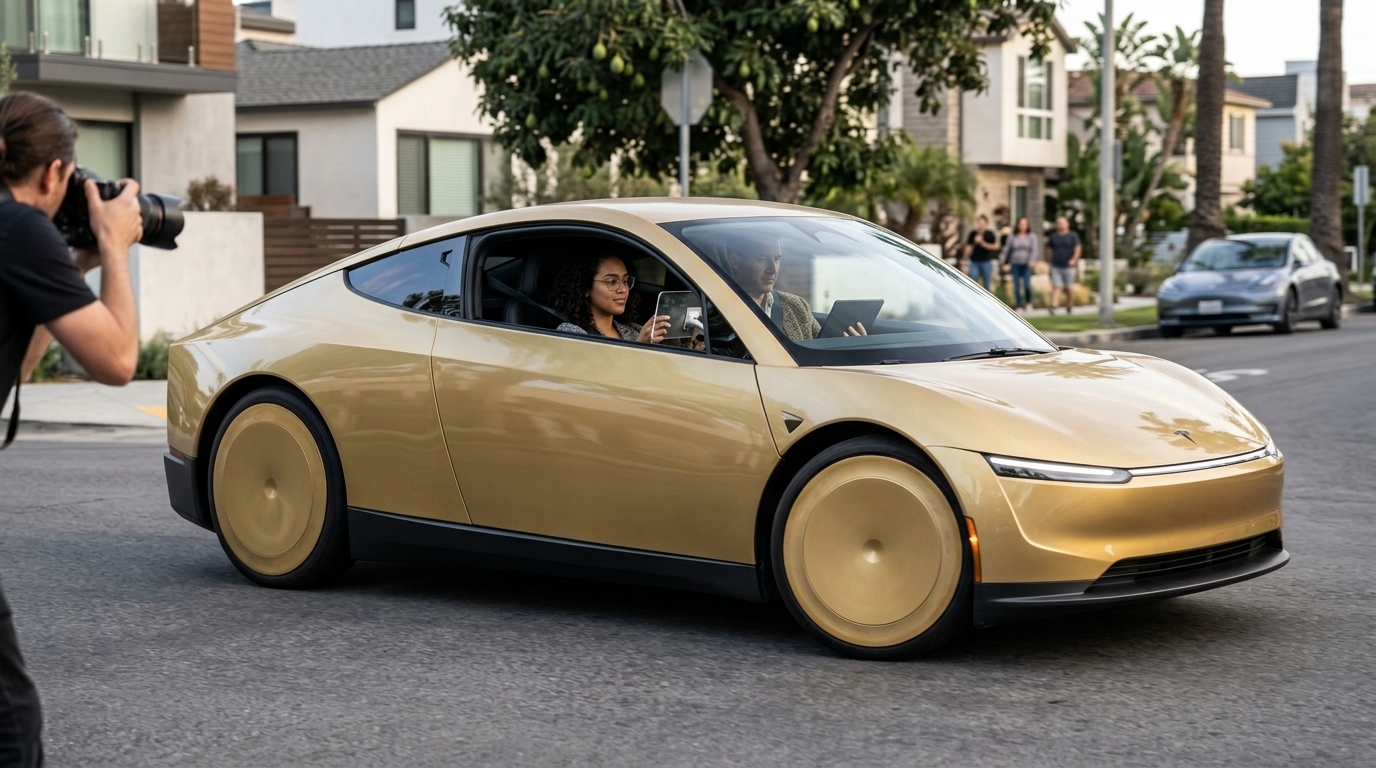 The autonomous Tesla Cybercab without steering wheel or pedals on an Austin street.