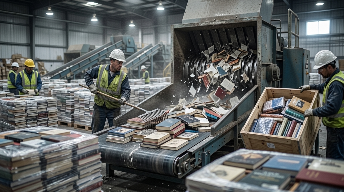 Stacks of books being prepared for pulping to train artificial intelligence models.