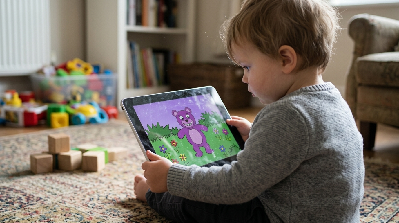 Child watching AI-generated videos on a tablet, highlighting artificial intelligence and digital safety for kids.