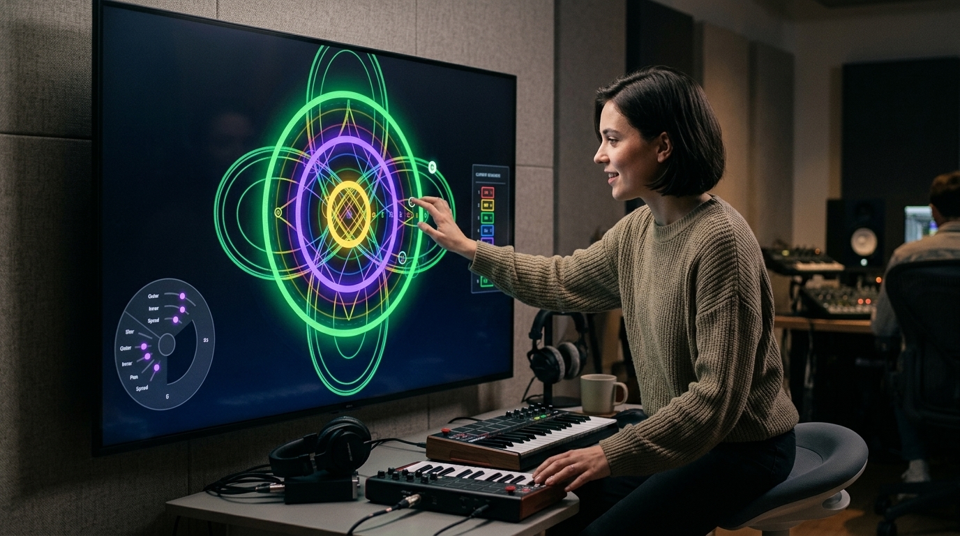 Digital spirograph interface creating generative music through geometric patterns.
