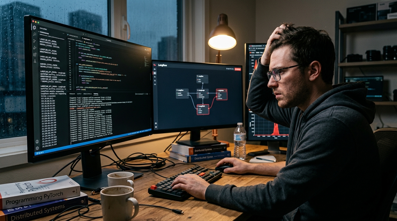 Digital illustration of a cyberattack on Langflow servers and AI frameworks.
