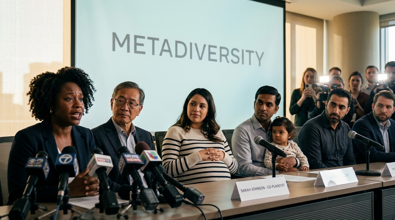 Meta logo on a digital background representing AI-driven layoffs and labor rights.