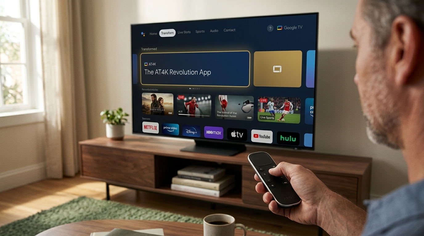Η διεπαφή της εφαρμογής AT4K σε οθόνη Google TV με καθαρό σχεδιασμό.