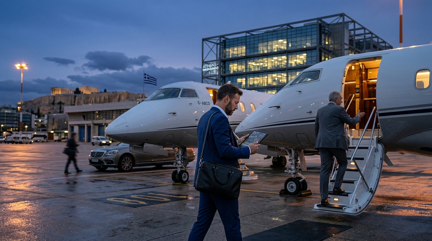 Luxury private jet at a Greek airport, symbolizing the AI and crypto boom.