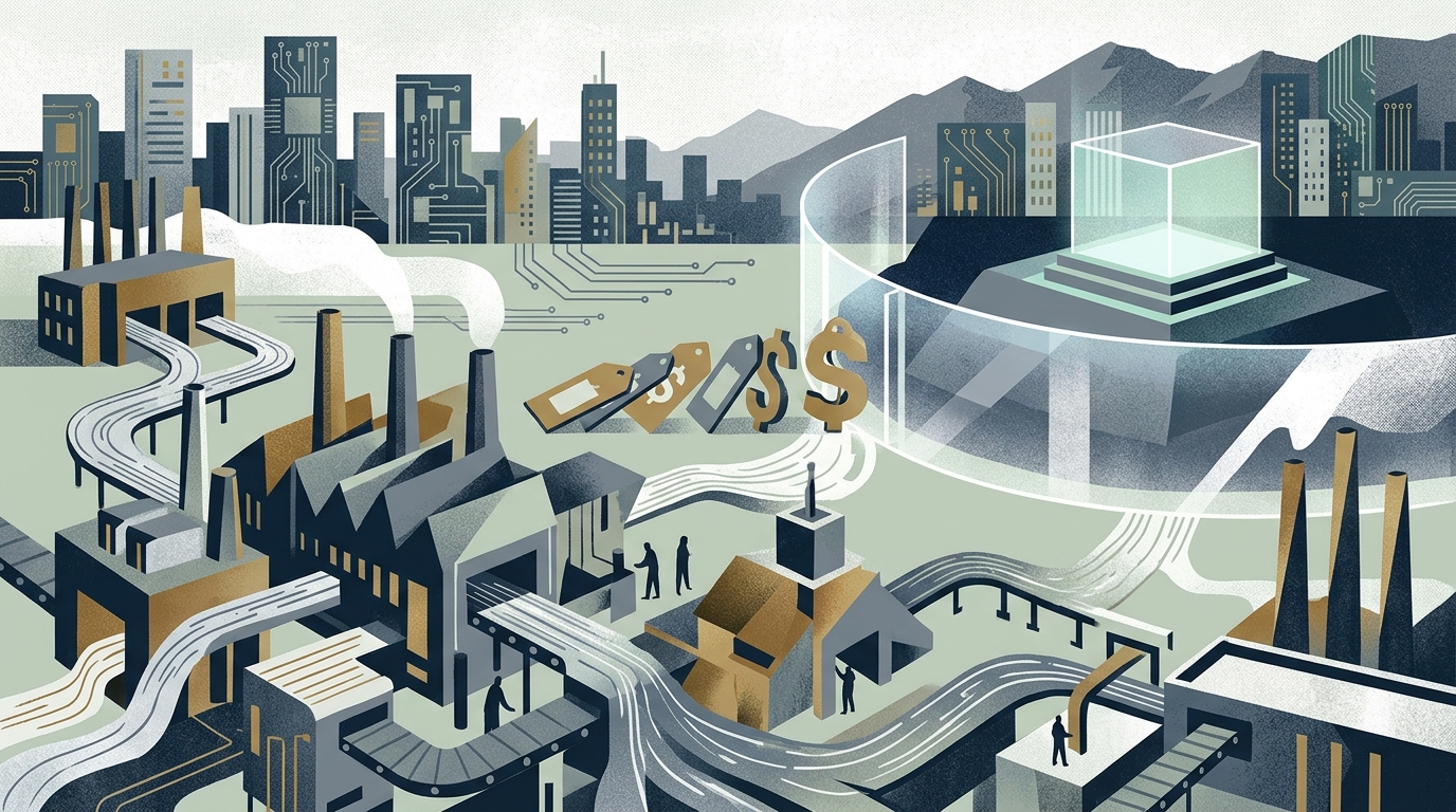Digital visualization of AI industrialization and ethical decision-making frameworks.