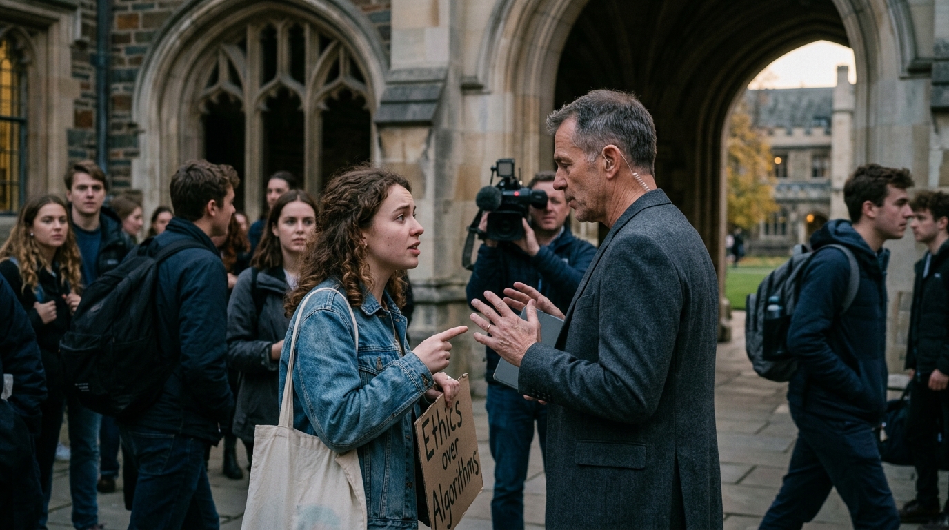 University students protesting against Silicon Valley tech elite ethics.
