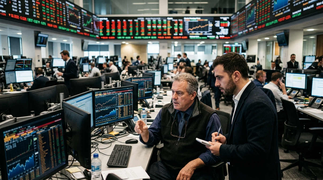 Stock market charts and data center infrastructure for AI stocks.