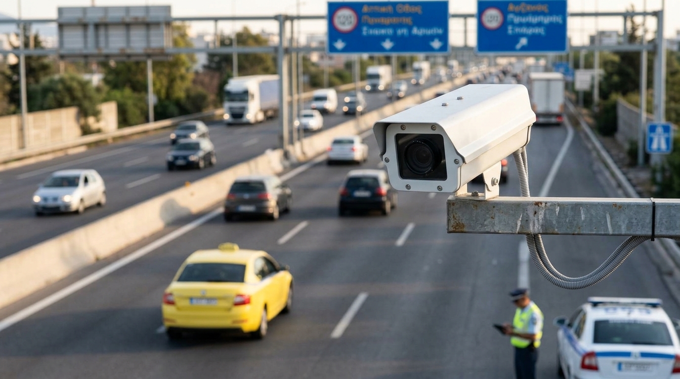 Σύγχρονες έξυπνες κάμερες ελέγχου κυκλοφορίας με τεχνολογία AI στους ελληνικούς δρόμους.