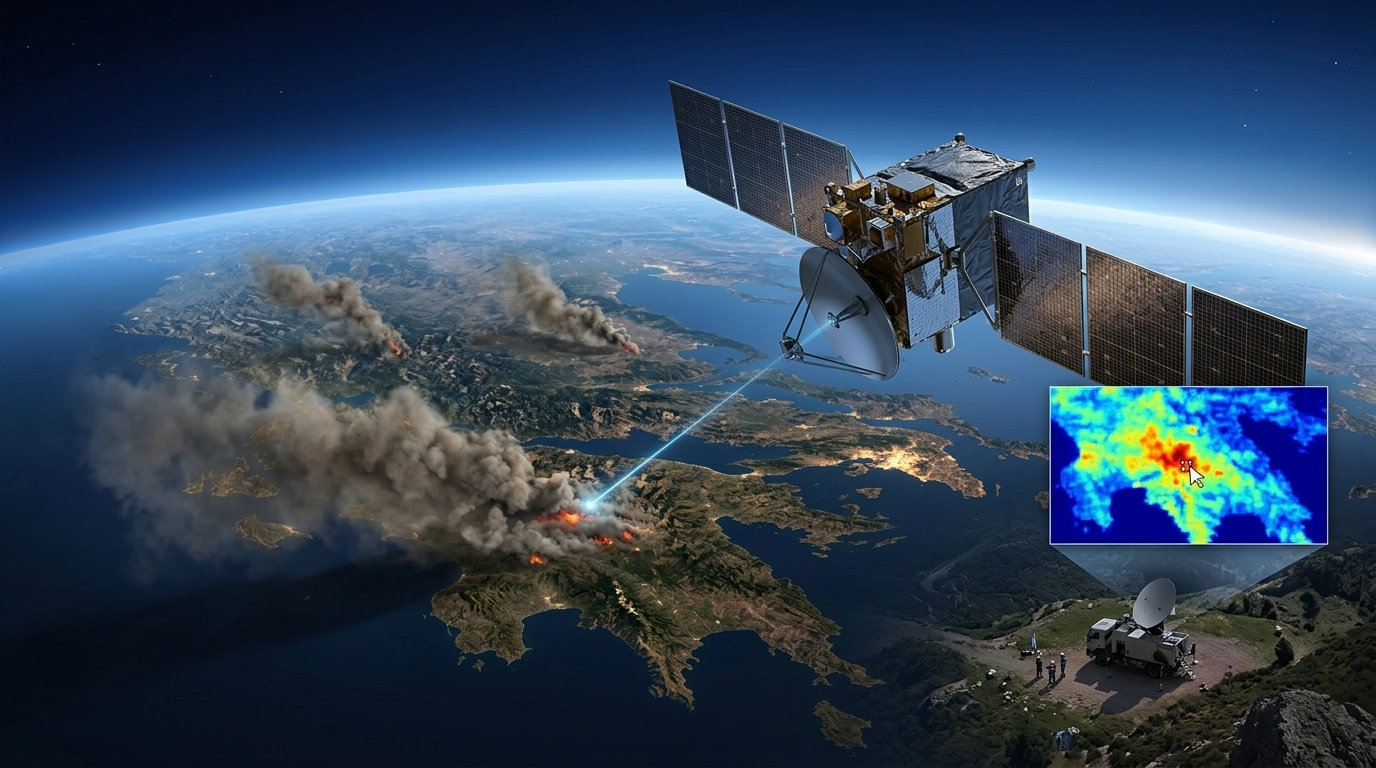 Thermal satellite in orbit for early wildfire detection in Greece.