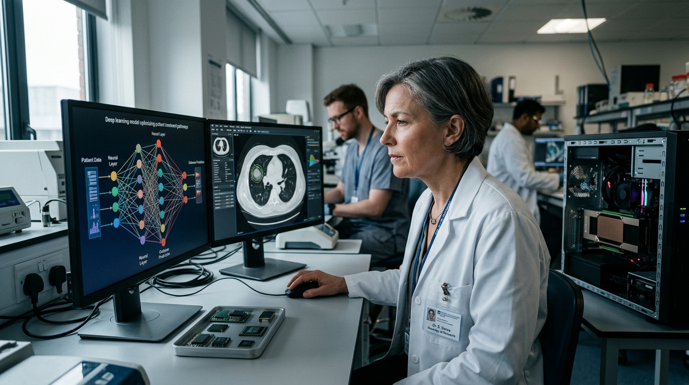 Digital visualization of AI in oncology for personalized cancer treatment and precision medicine.