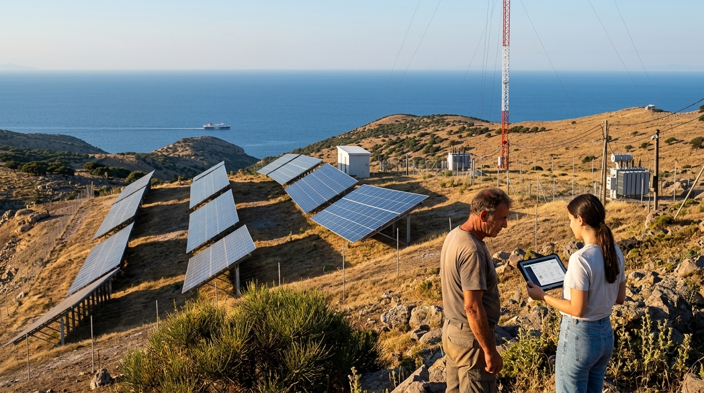 Wind turbines and solar panels on Ai Stratis island supporting 98% renewable energy autonomy.