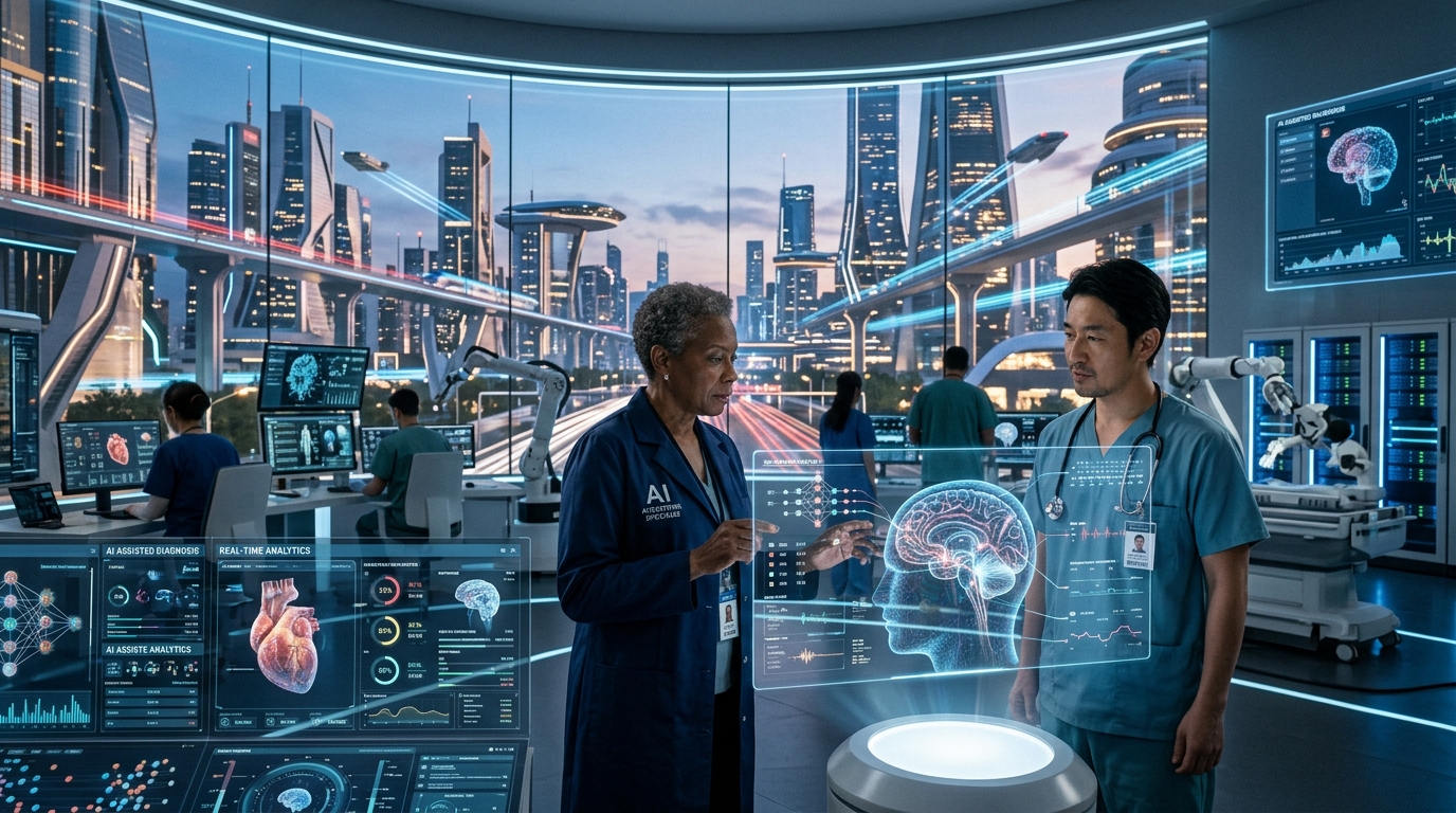 Modern smart hospital interior with digital screens and AI systems for patient monitoring and healthcare analysis.