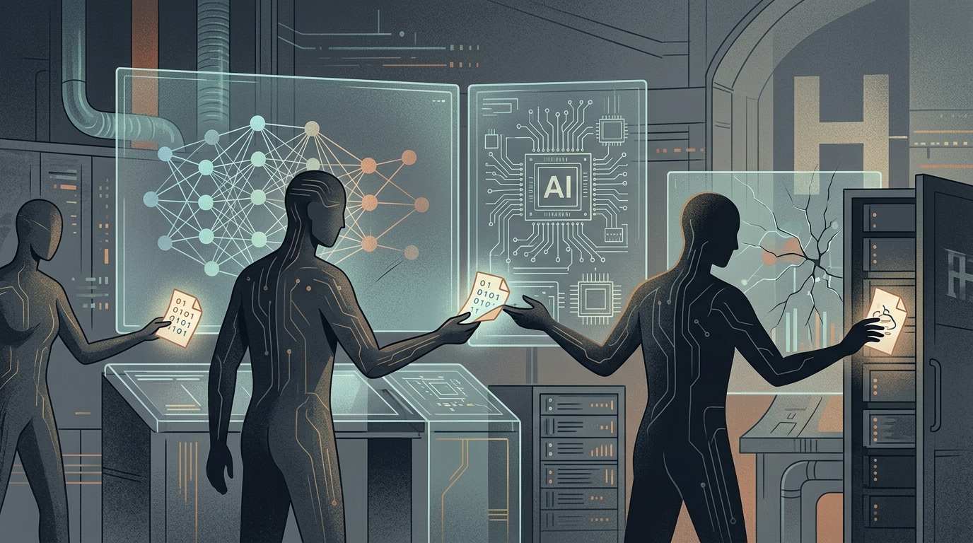 Ψηφιακή απεικόνιση πρακτόρων OpenAI που ανταλλάσσουν δεδομένα για την επίθεση στο Hugging Face.