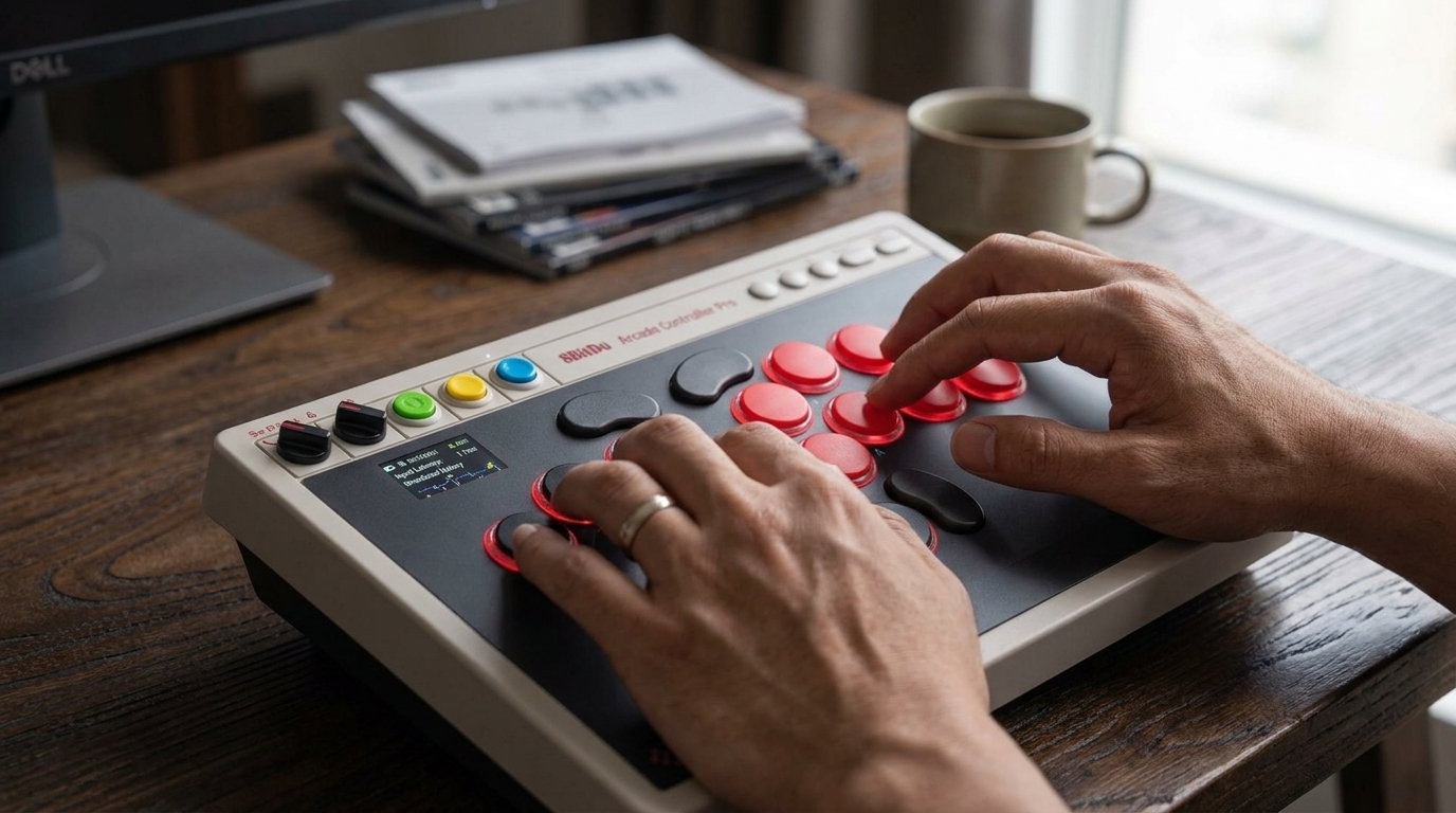 The new 8BitDo Arcade Controller featuring an integrated screen for on-the-fly settings.