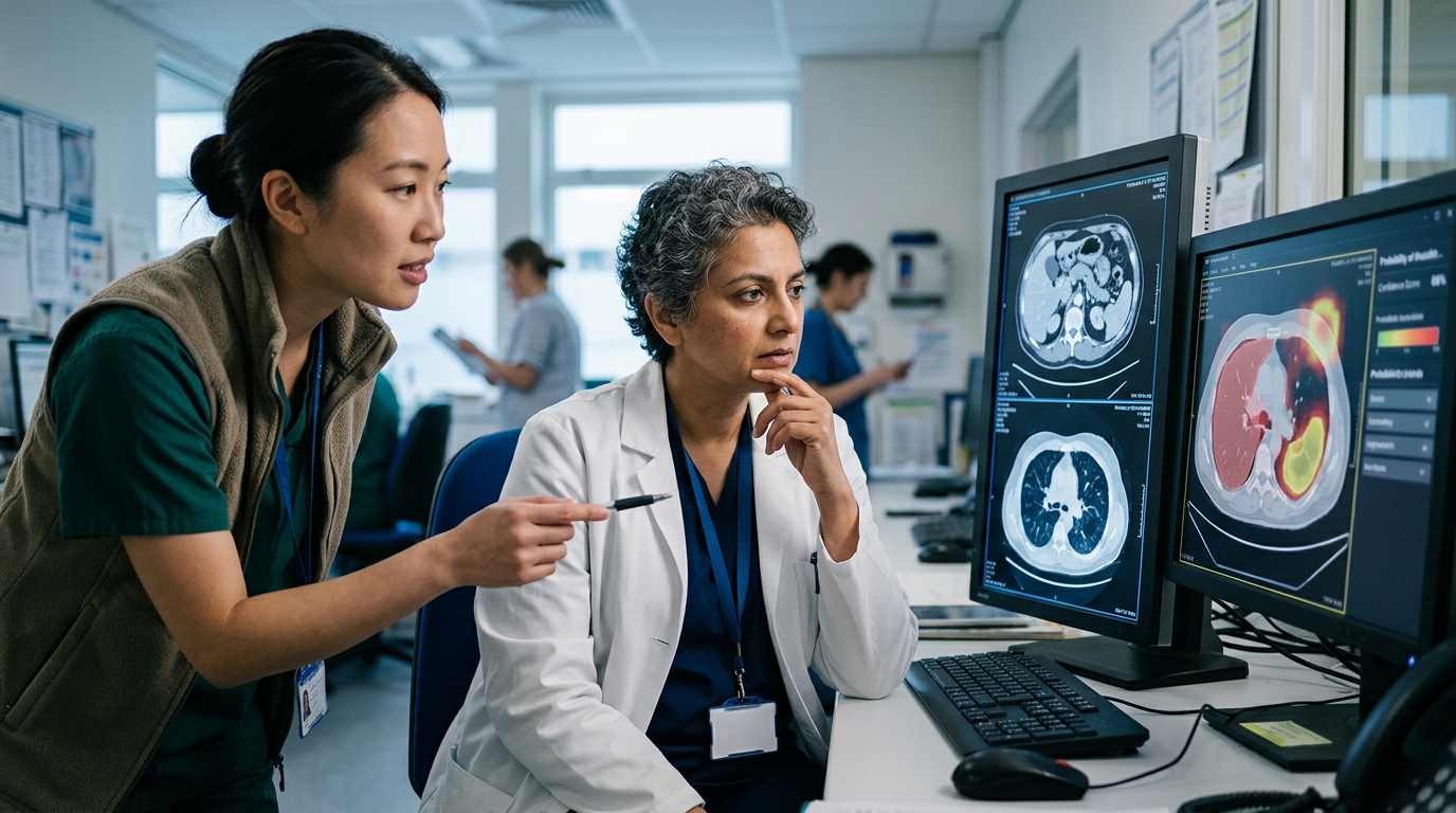 Digital illustration of a medical symbol and neural networks representing AI in healthcare.