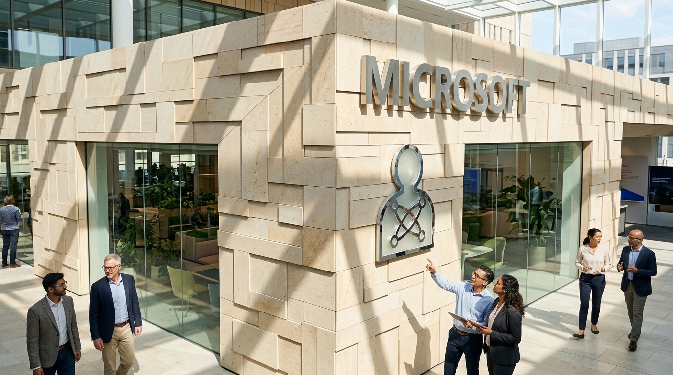 Human and AI agents collaborating in a modern office setting, representing Microsoft's 2026 report.