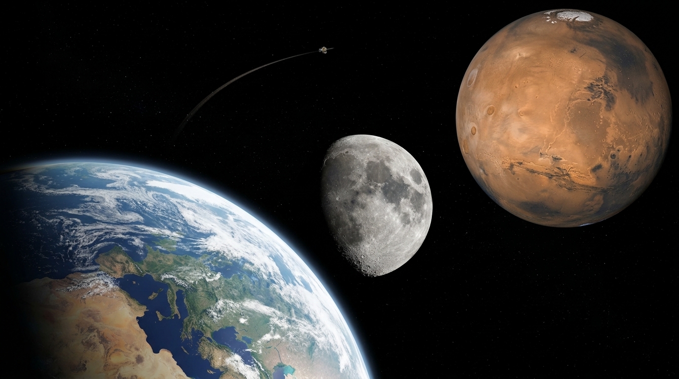 Spacecraft orbiting Mars using a new trajectory for faster travel.