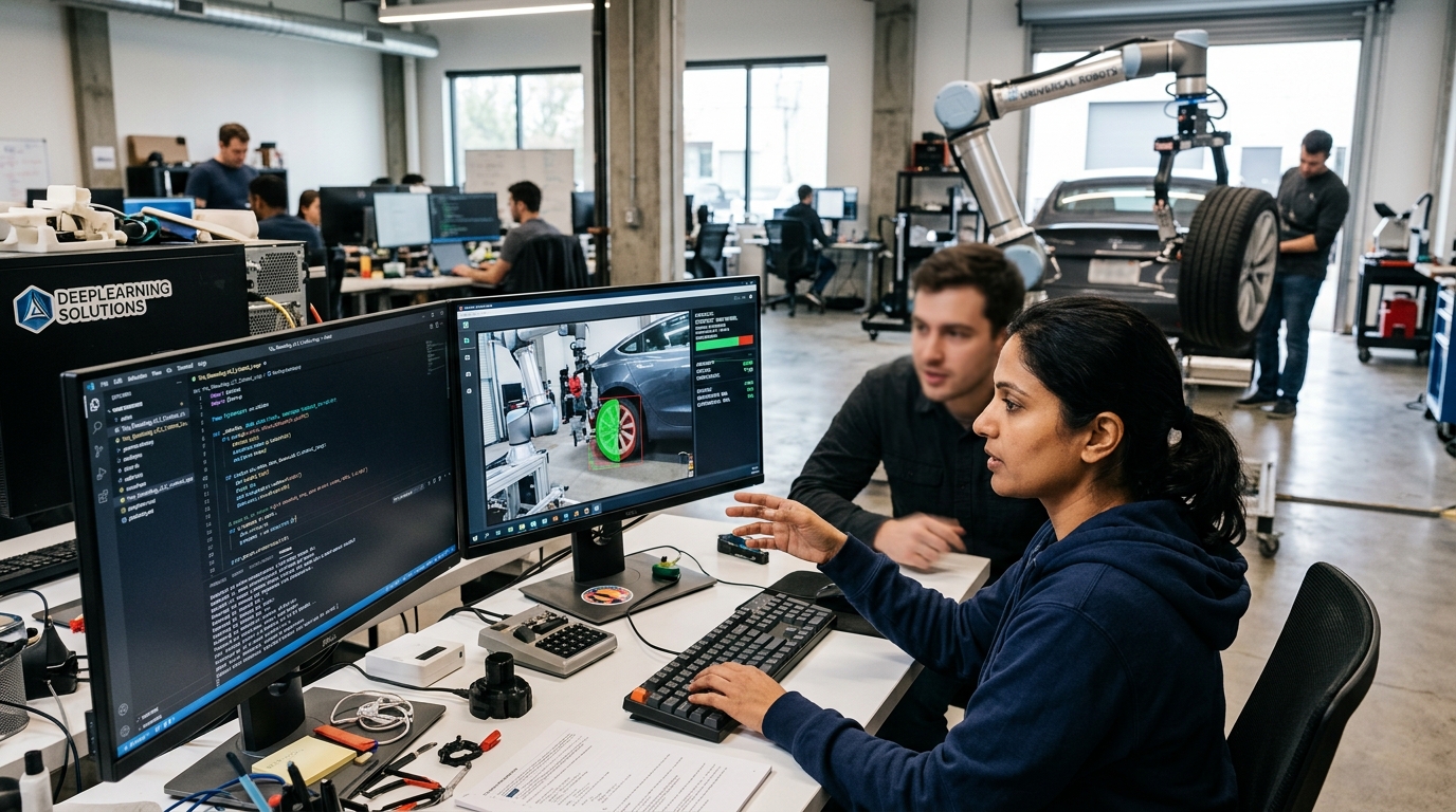 Robotic arm powered by AI changing a car tire in a garage.