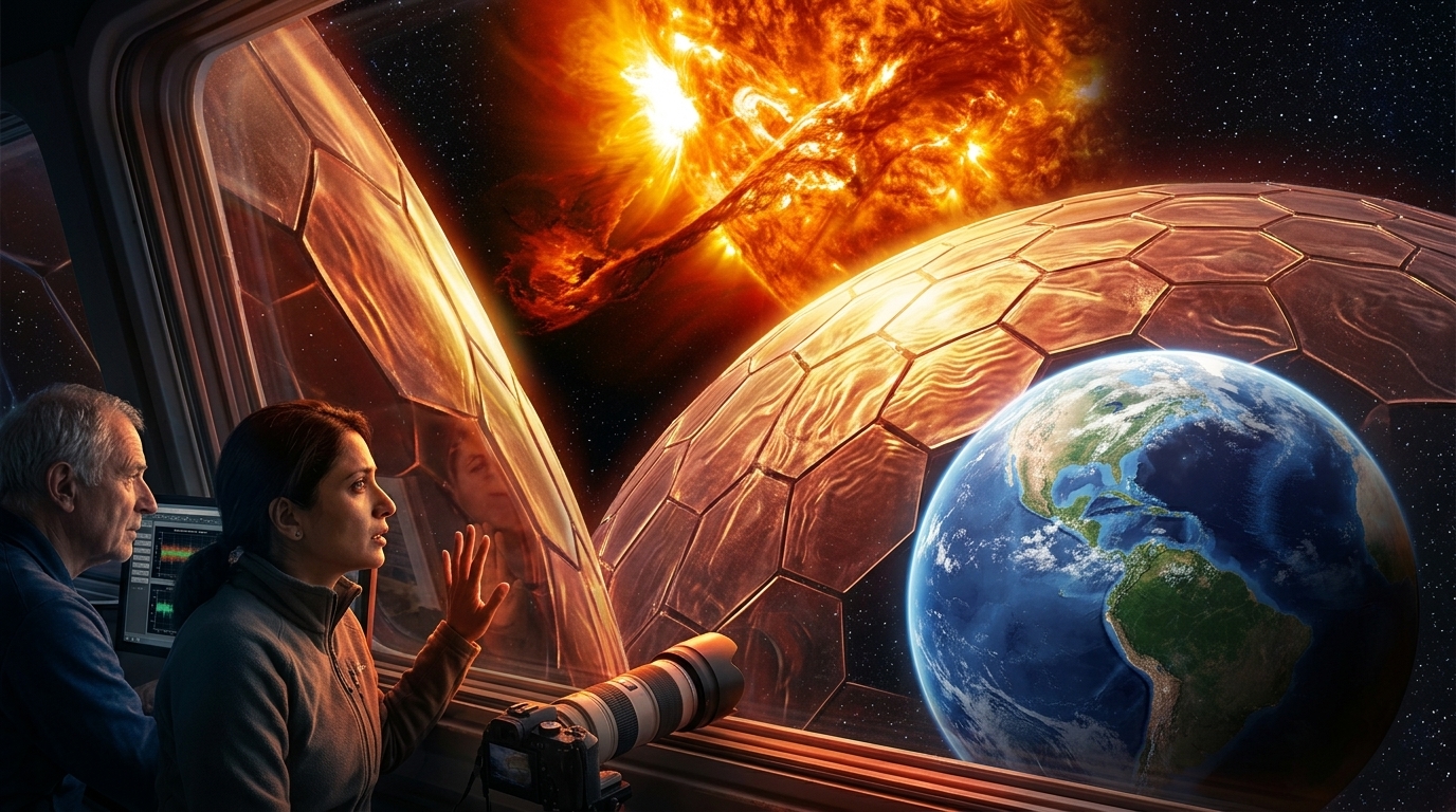 StormWall satellite system shielding Earth from a solar storm.