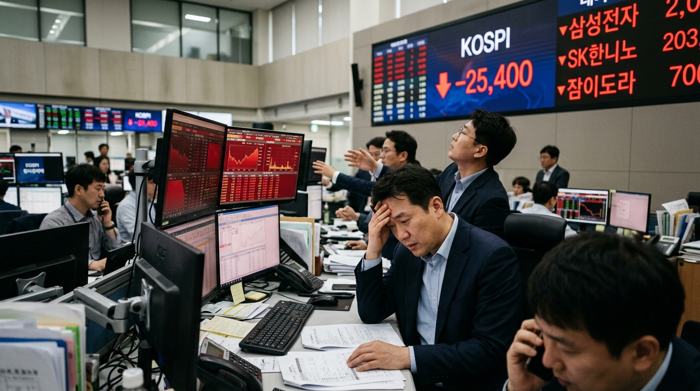 Stock market chart showing Kospi index decline and AI semiconductor selloff.