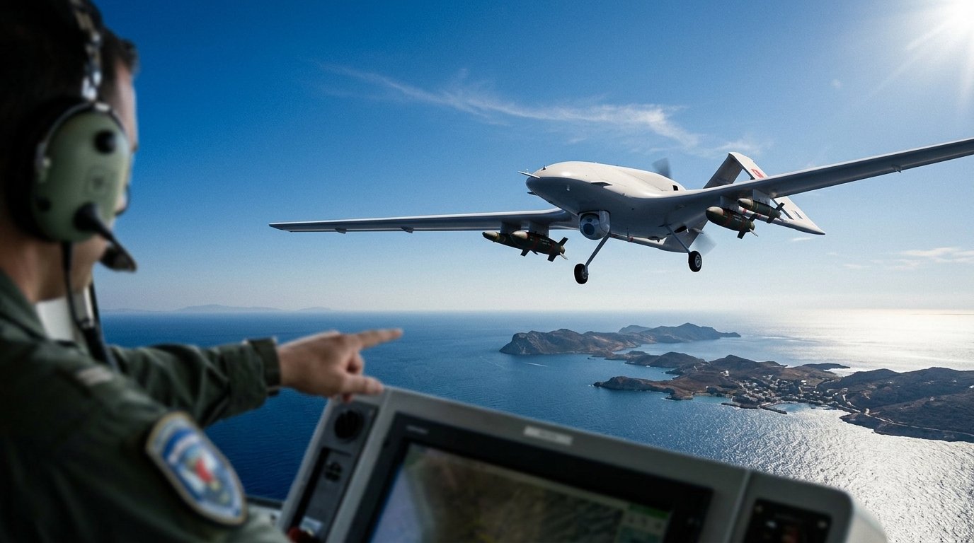 Turkish unmanned aerial vehicle UAV flying over the Aegean Sea.
