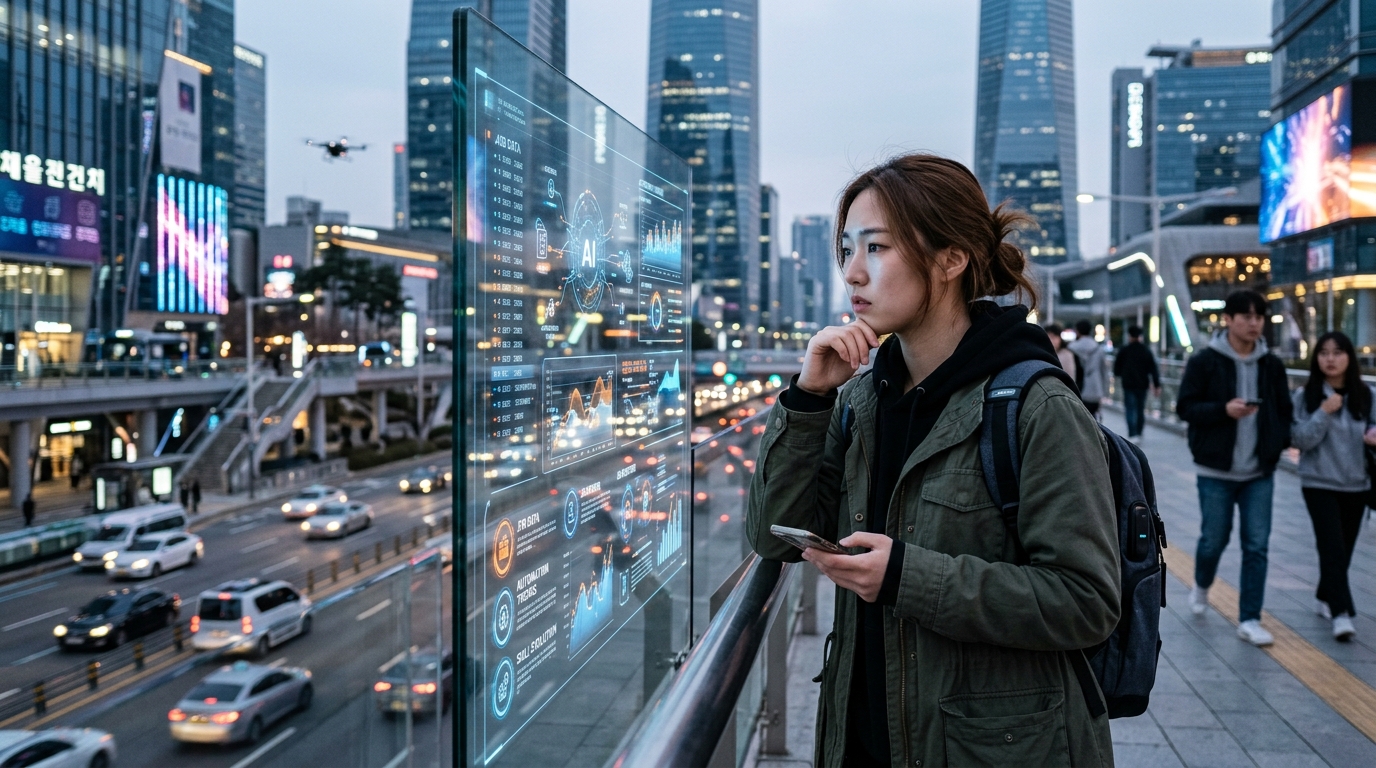 A young professional looking at a digital screen representing Gen Z AI challenges in the workplace.