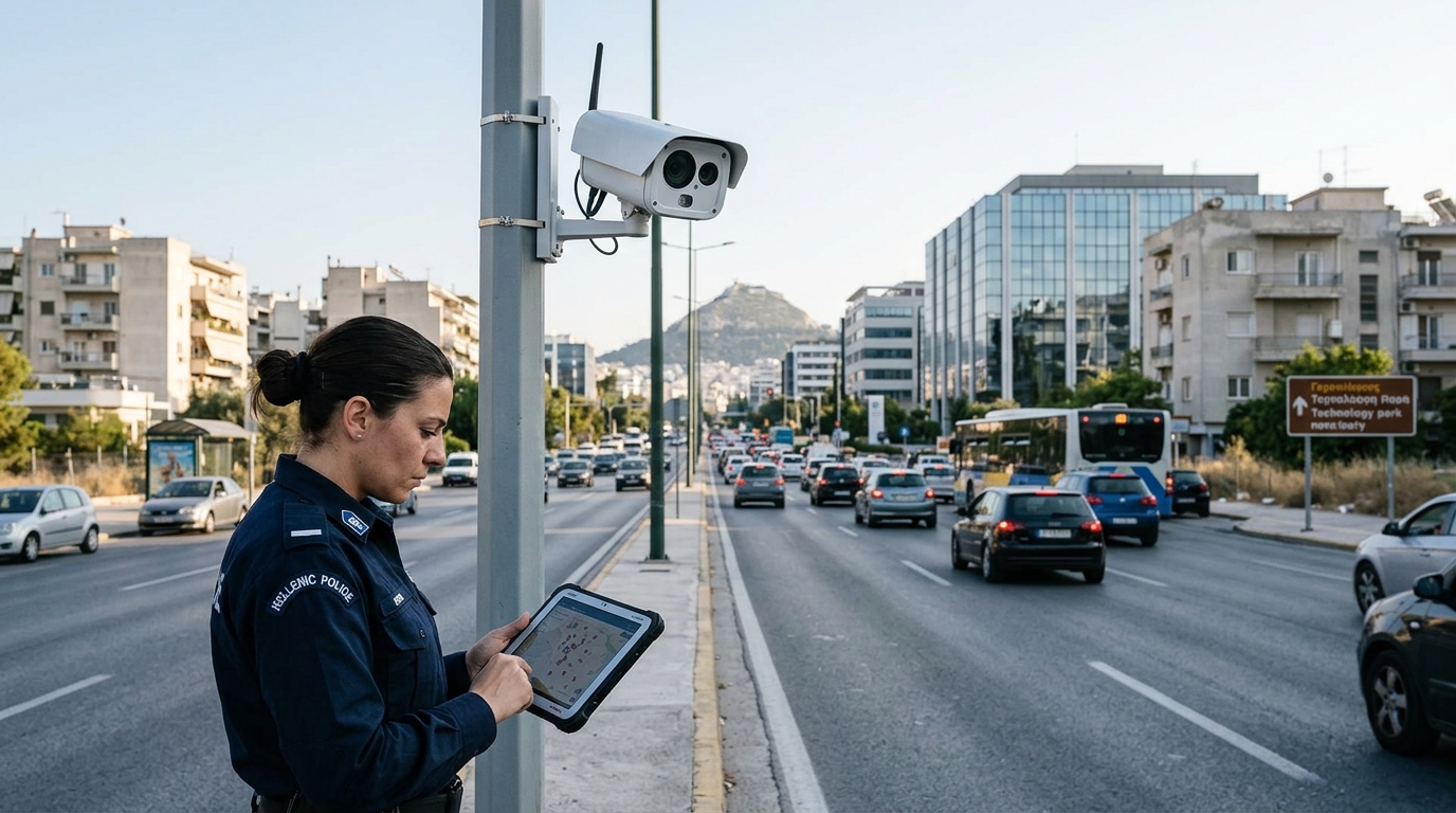 Smart AI traffic camera monitoring road safety and traffic violations on Greek highways.