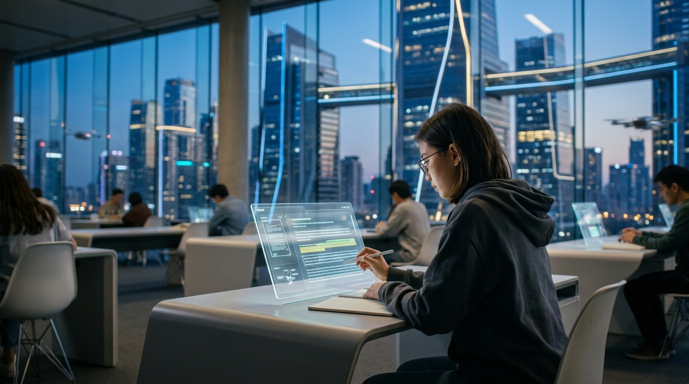 Student using Artificial Intelligence for academic assessment in a digital classroom setting.
