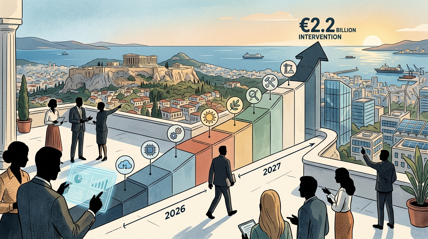 Infographic showing Greece's economic measures and policy timeline for 2026-2027.