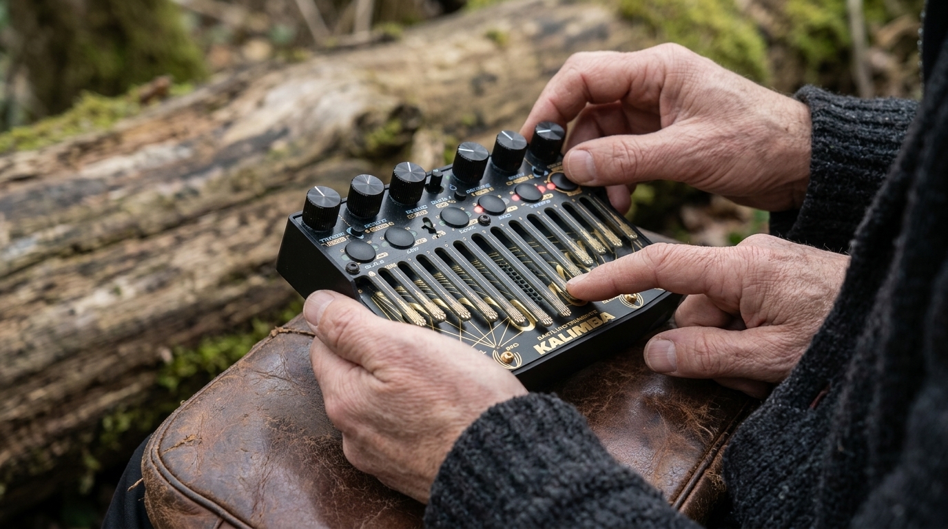 Κοντινό πλάνο του Bastl Kalimba synthesizer που δείχνει τη διεπαφή αφής και τα χειριστήρια σύνθεσης ήχου.
