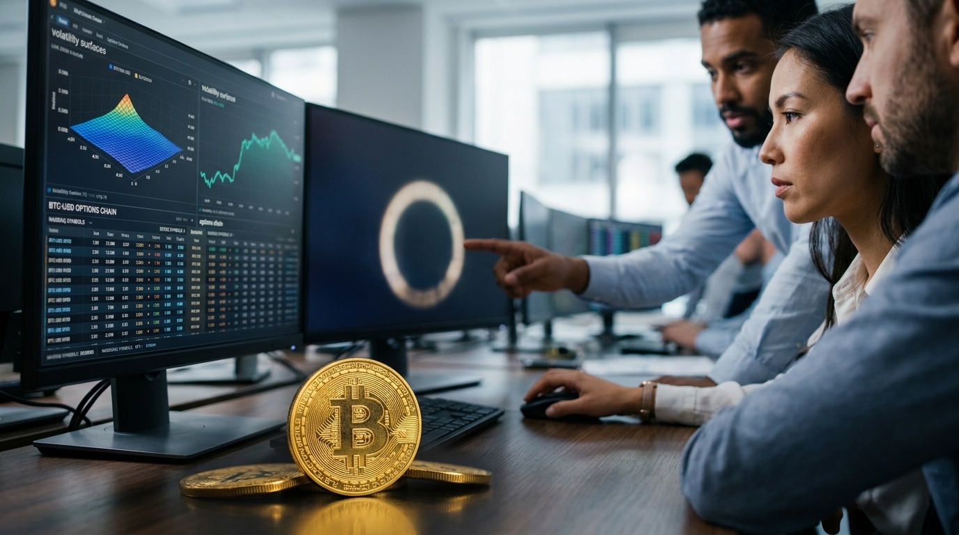 Το λογότυπο του Bitcoin δίπλα στην οθόνη συναλλαγών του Nasdaq για Bitcoin Options.