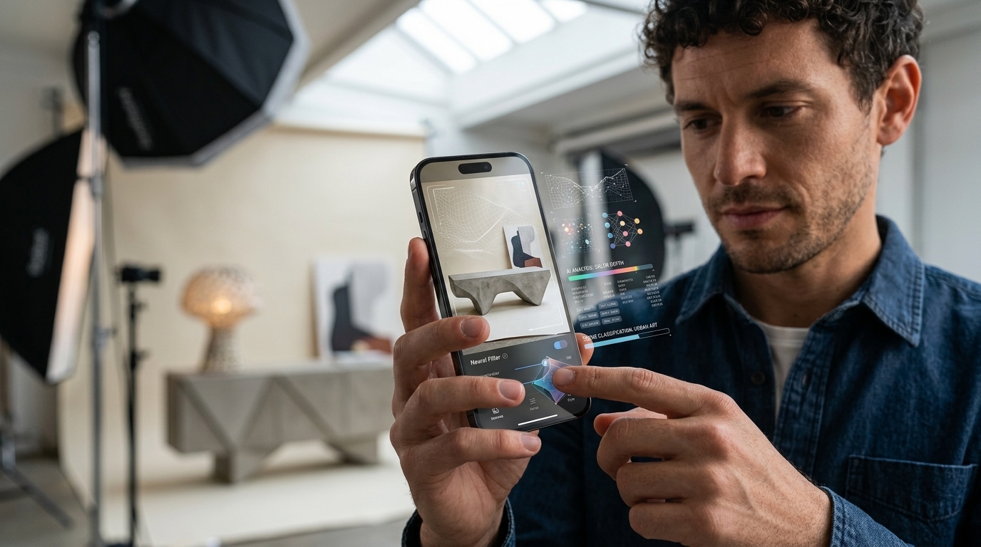 iPhone capturing a high-quality photo using Apple Intelligence AI features.