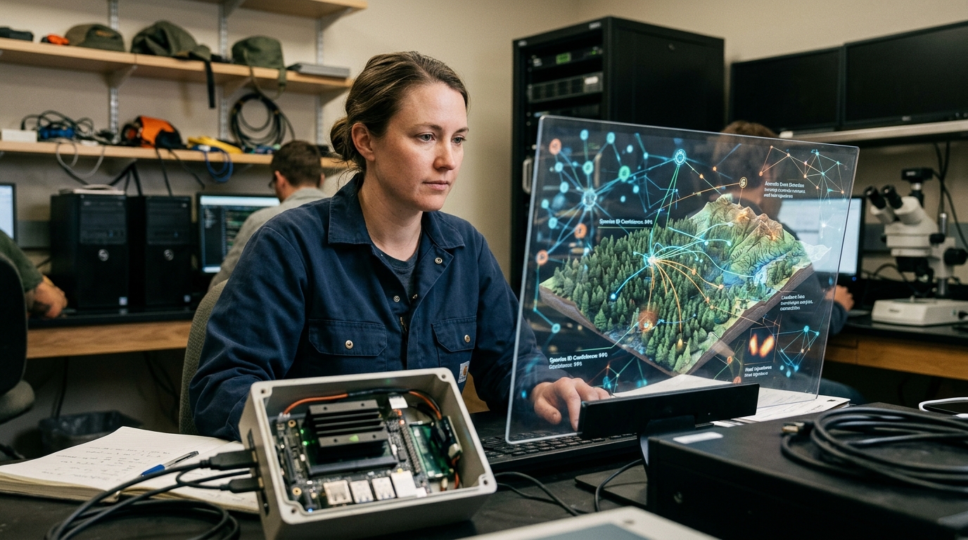 AI system monitoring wildlife and biodiversity in Oregon's forests for ecological research.