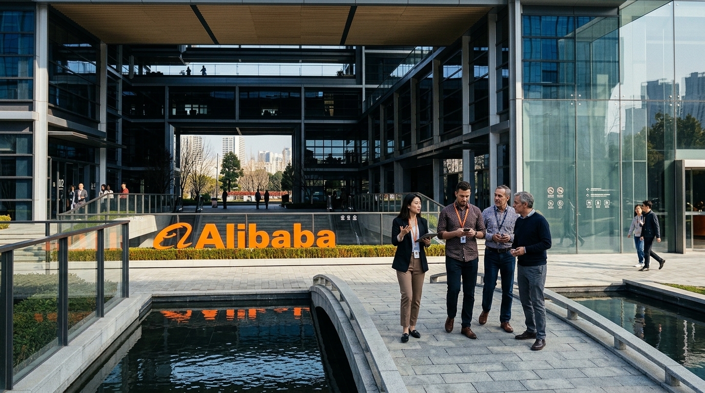 Το λογότυπο της Alibaba και το νέο μοντέλο τεχνητής νοημοσύνης Qwen3.8-Max για μείωση κόστους.