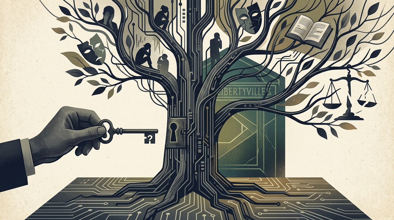 Abstract representation of generative AI ethics and the Libertyville legal case.