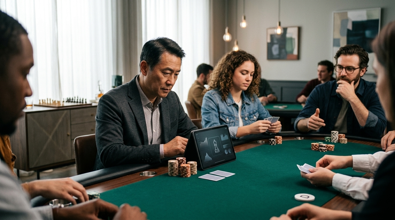 Chess.com Gambit poker interface featuring artificial intelligence strategy tools.