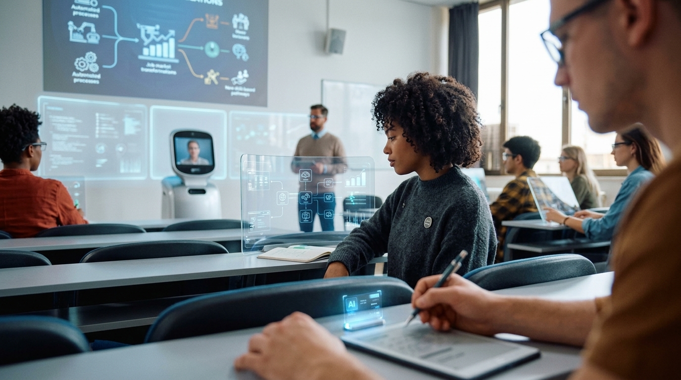 Digital illustration showing artificial intelligence neural networks replacing a traditional degree in modern education.