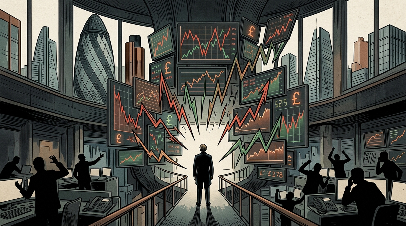 UK bond market charts and Prime Minister Andy Burnham representing economic pressure.