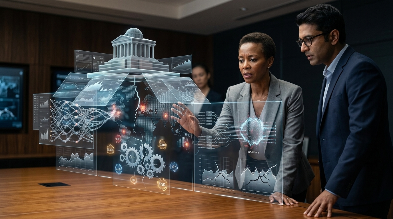 Digital representation of artificial intelligence in global economics and banking systems.